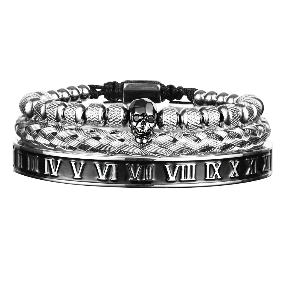Secret Society | Luxury 3 Piece Stainless Steel Skull Roman Numerals Bracelet Set