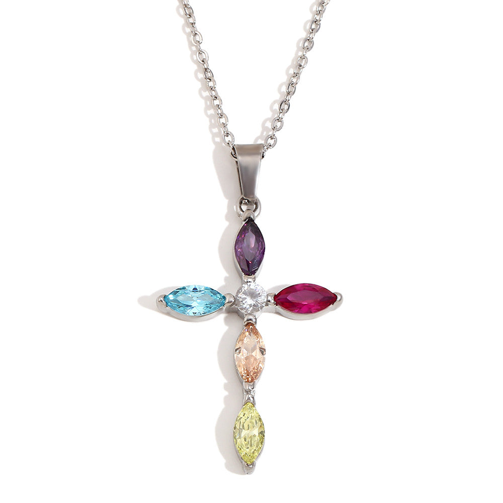 18k Gold Stainless Steel Luxury Colored CZ Cross Pendant Bling No Tarnish Women's Necklace