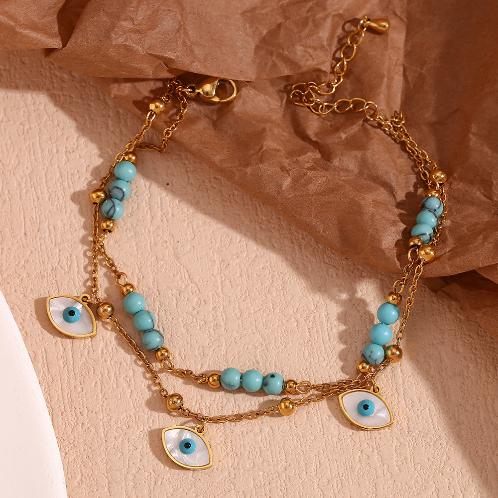 Ladies Waterproof Tarnish Free 18k Gold All Seeing Eyes Blue Turquoise Stone Ankle Bracelet