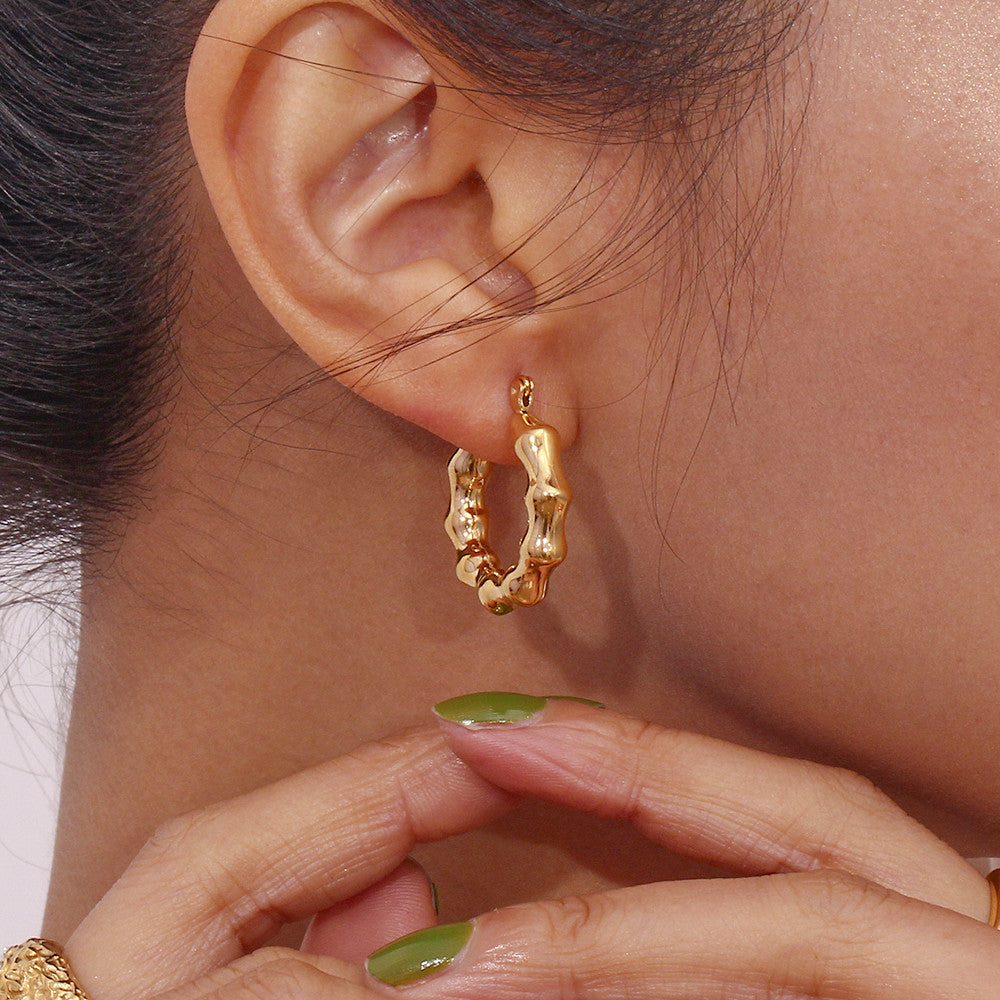 18k Gold Light Weight Stainless Steel Bamboo Nodes Shape Waterproof Hoop Earrings