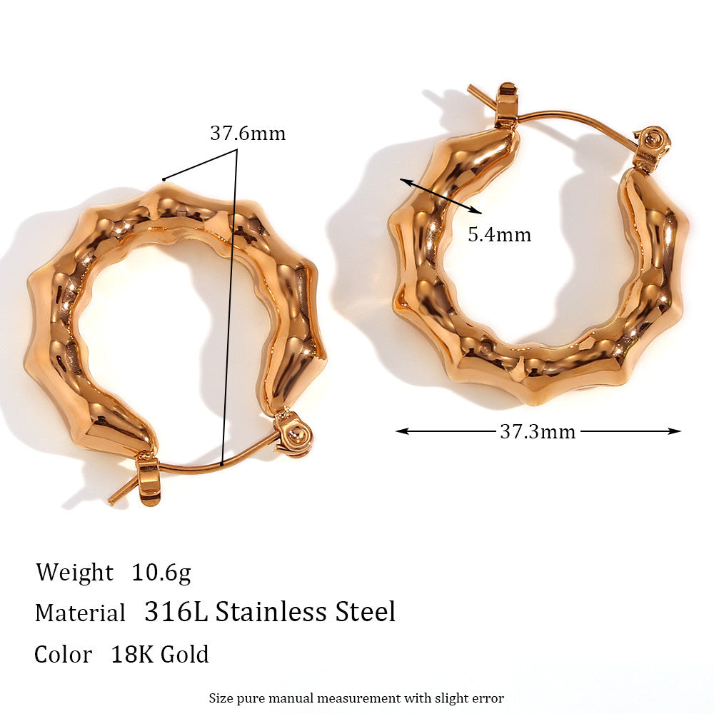 18k Gold Light Weight Stainless Steel Bamboo Nodes Shape Waterproof Hoop Earrings