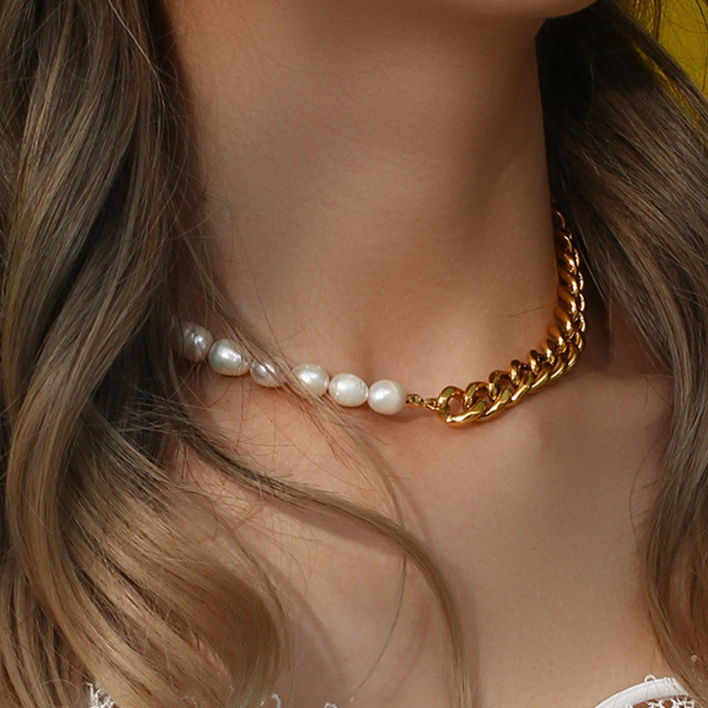 18k Gold Stainless Steel Chunky Natural Freshwater Pearl Cuban Chain Choker Necklaces