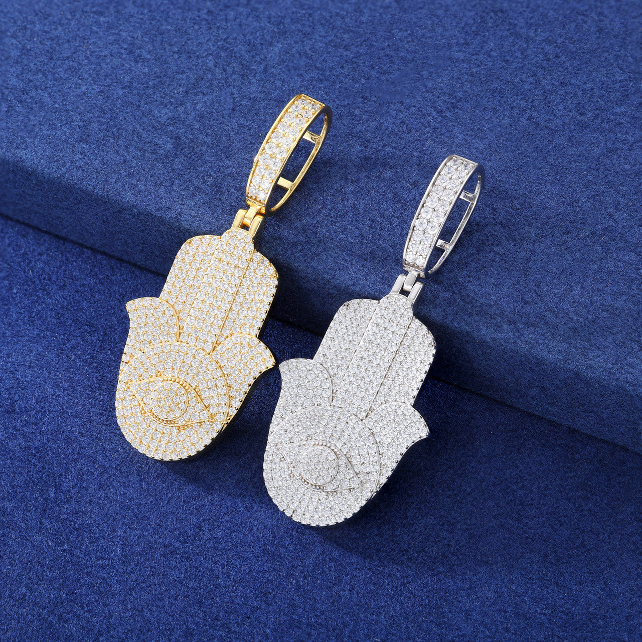 Eye Of Fatima | Solid Sterling Silver Moissanite Diamond Hamsa Hand Iced Blinged Out Pendant