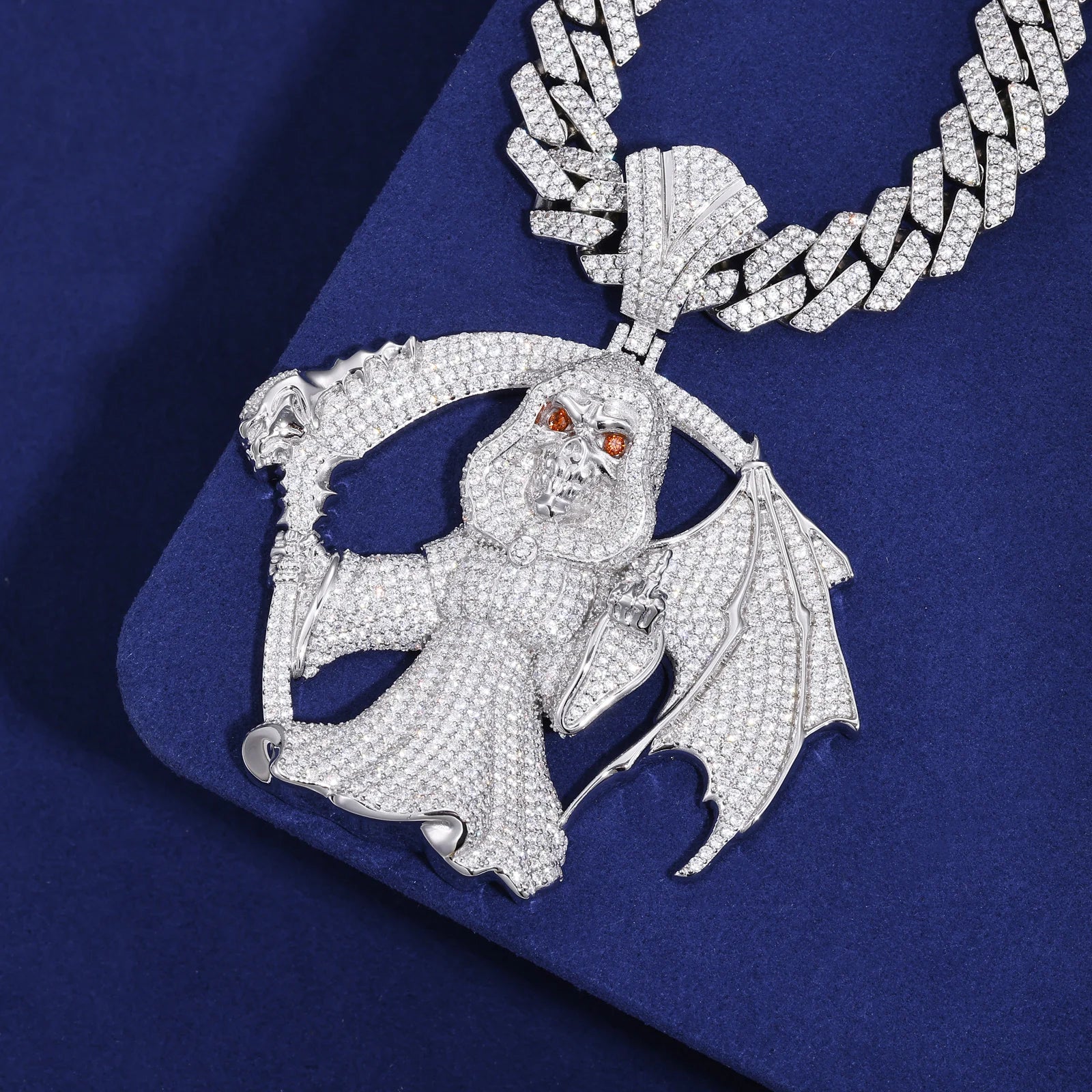 Middle Finger Reaper | Moissanite Diamond 925 Silver Hip Hop One Wing Scythe Grim Reaper Pendant