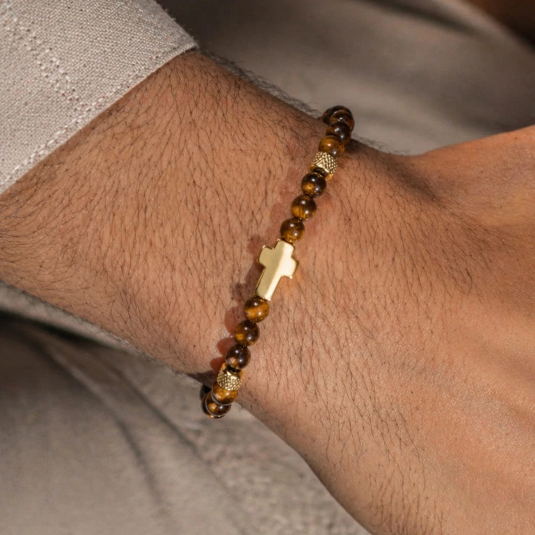 Daily Prayer | 316 Stainless Steel Polished Cross Tiger's Eye Stone Bead Luxury Bracelet