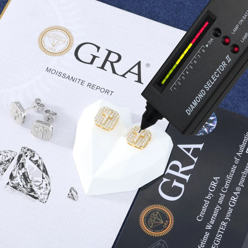 Spiritual Ice | Solid 925 Silver Square Cut Cross D Color Moissanite Stud Hip Hop Earrings