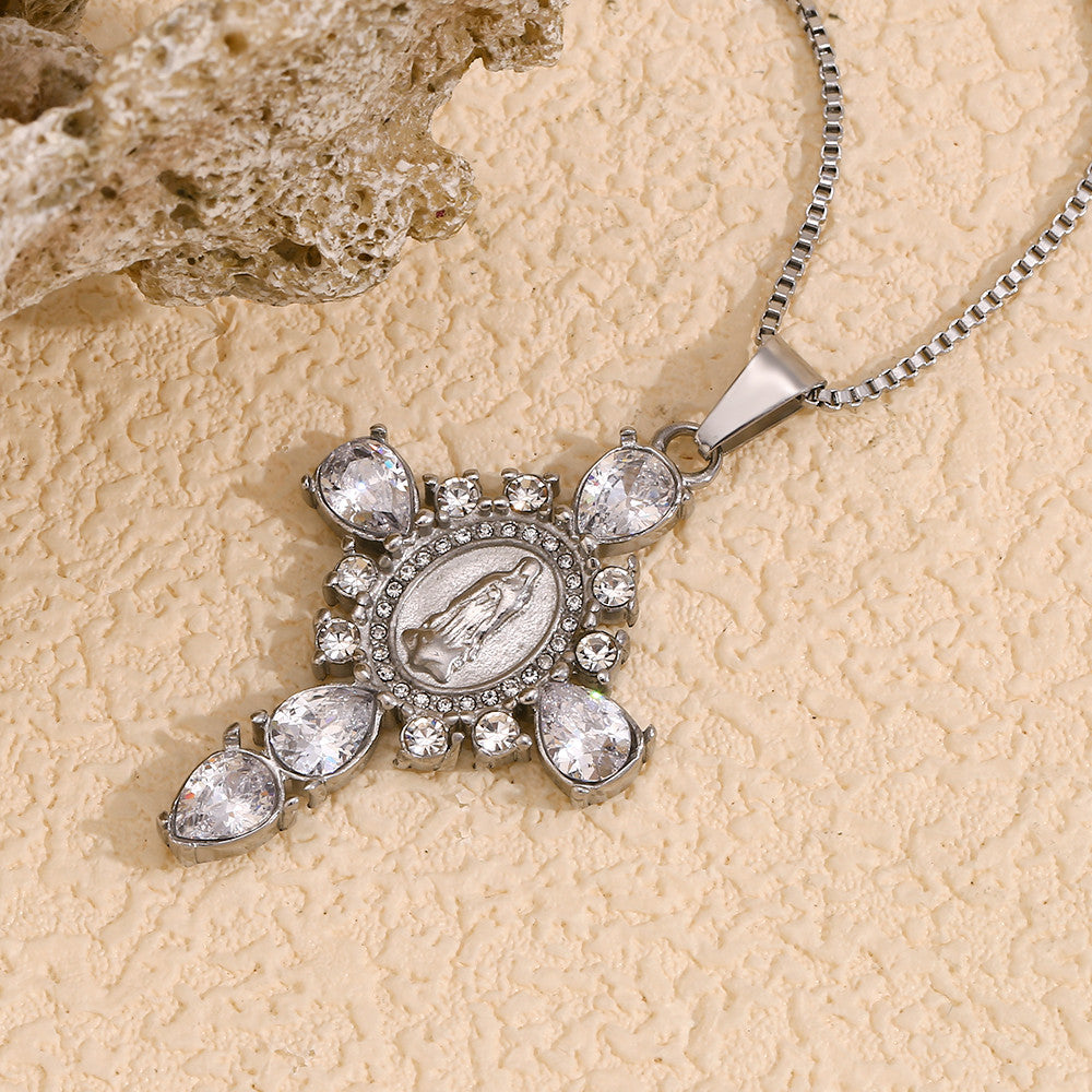 18k Gold Solid Stainless Steel Waterproof Virgin Mary Cross Pendant Necklace