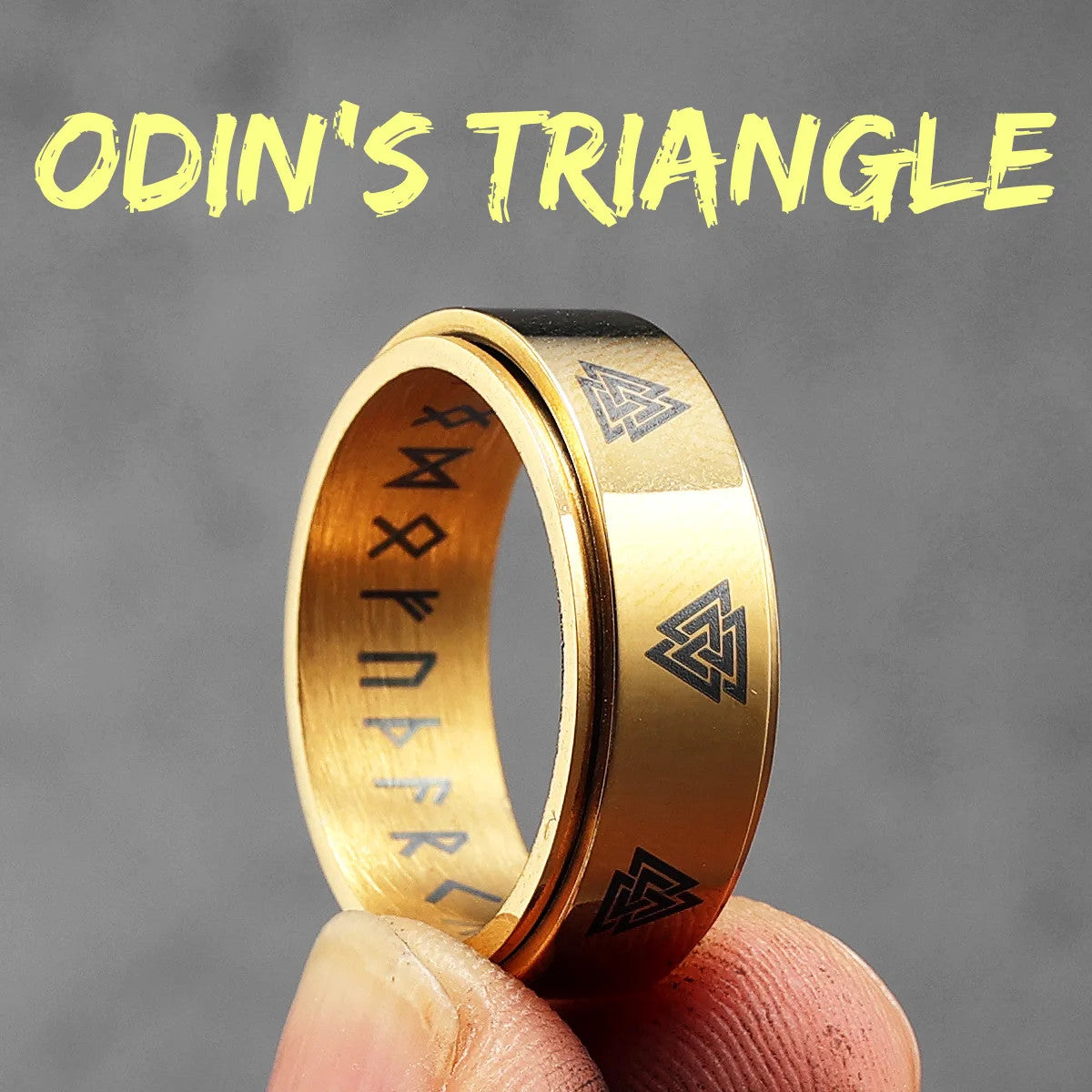 Odin's Triangle | 14k Gold Black Silver Rotating Spinner Men Mythical Rings