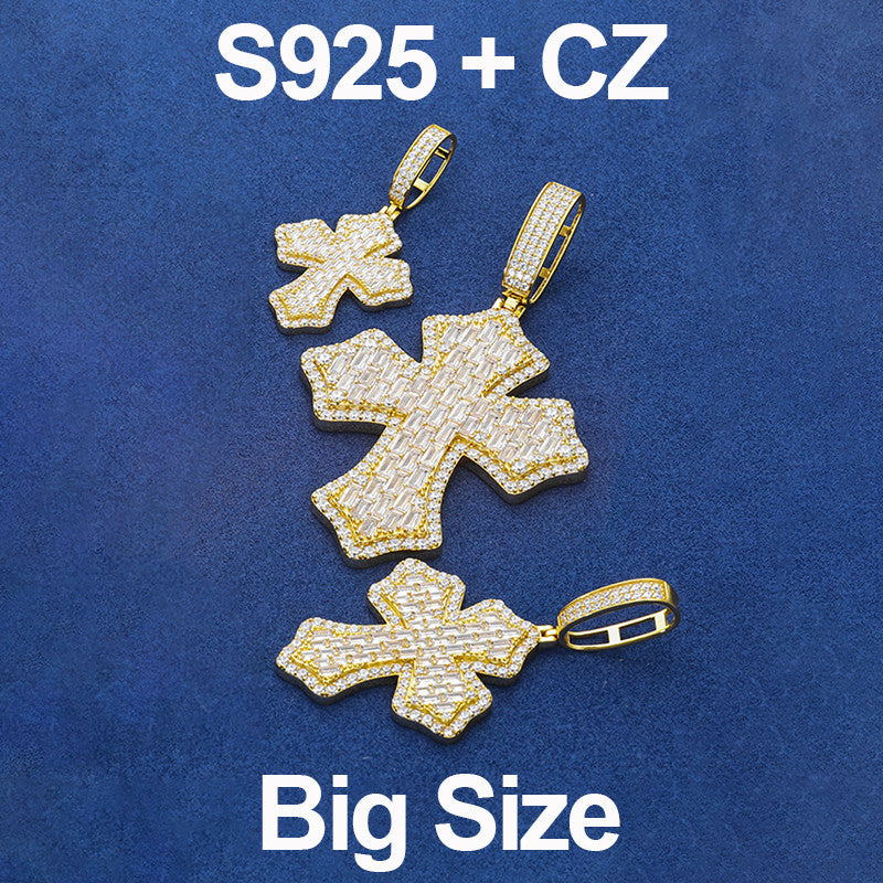 Cross Shield | Solid 925 Sterling Silver Moissanite Diamond Baguette Hip Hop Pendant