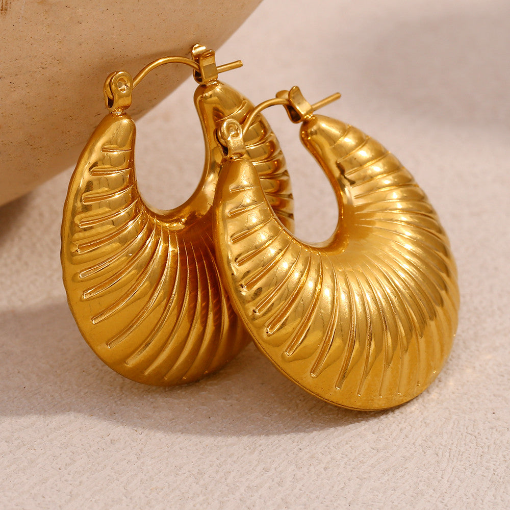 18k Gold Solid Stainless Steel Sheep Horn Striped Hoop Waterproof Earrings