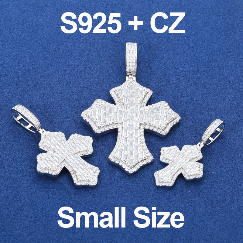 Cross Shield | Solid 925 Sterling Silver Moissanite Diamond Baguette Hip Hop Pendant