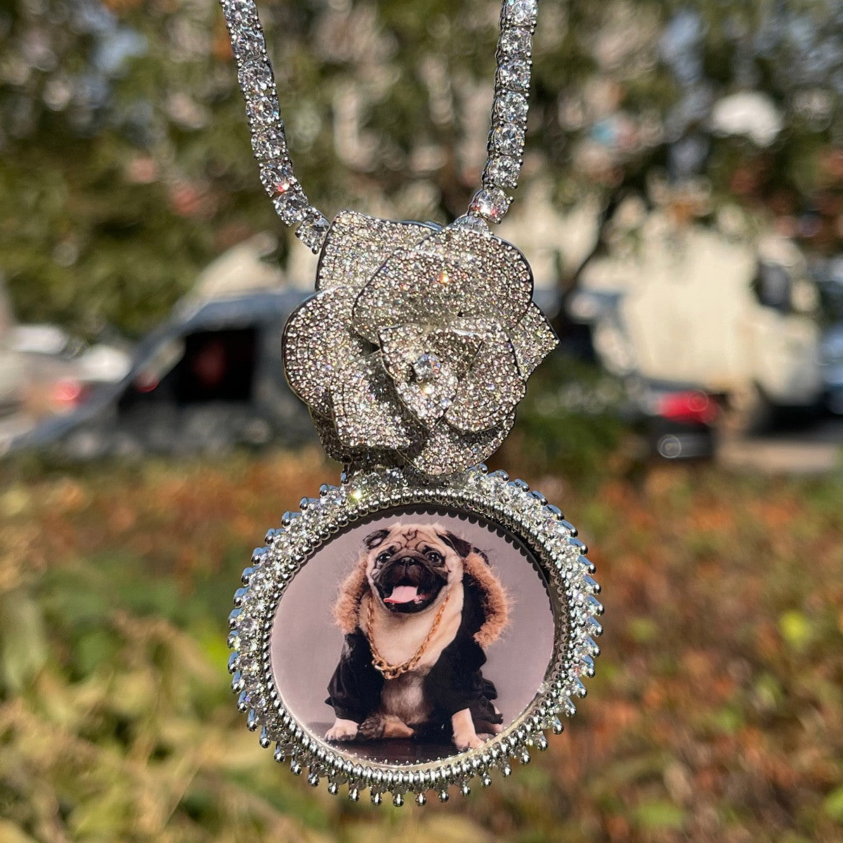 Custom Made Rose Heart Bail Prong Set Stone Photo Picture Pendant Chain Necklace