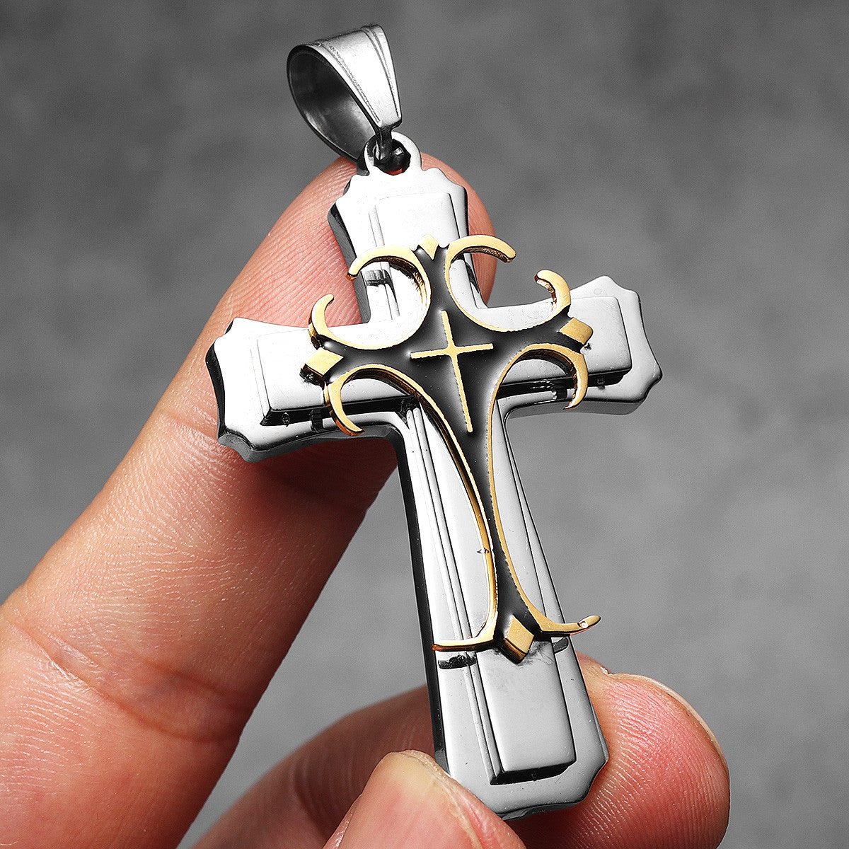 Designer Cross |.316L No Fade Stainless Steel Men's 14k Gold Accent Cross Pendant