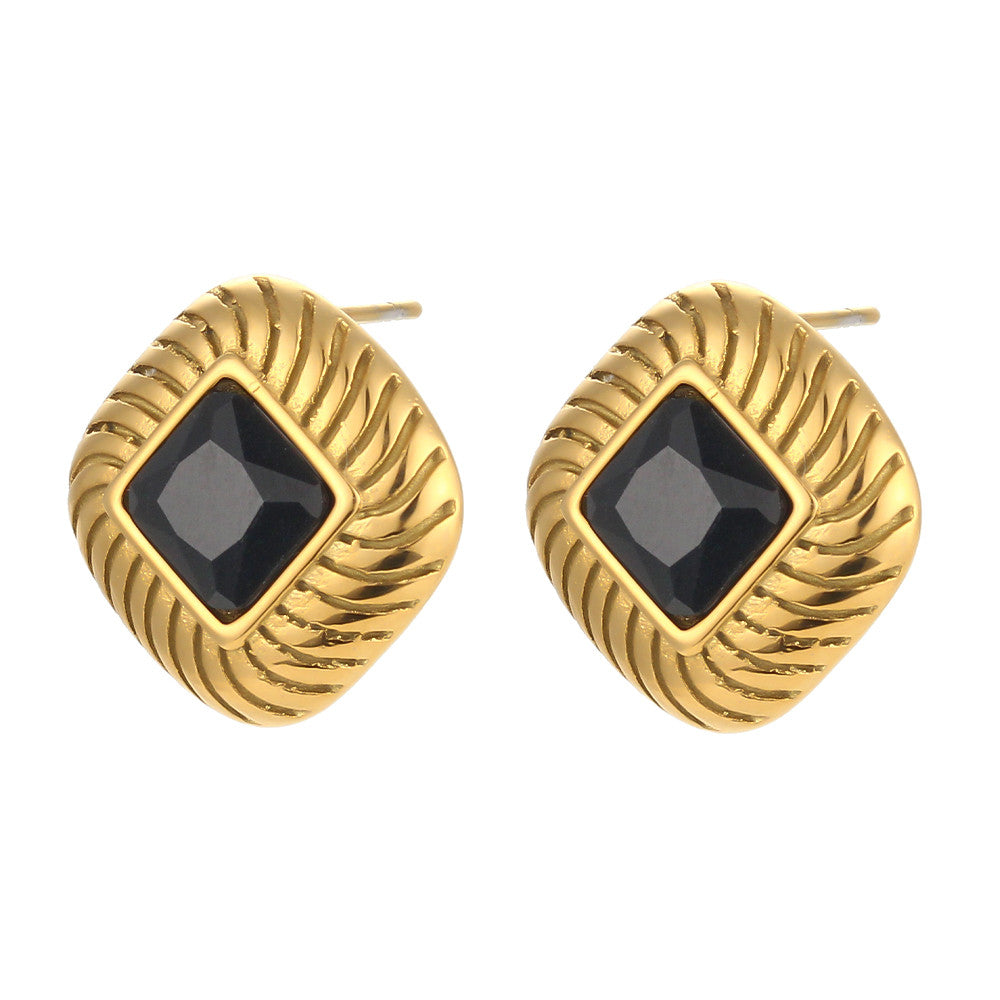 18k Gold Stainless Steel Square Texture Zircon Stone Stud Luxury Bling Earrings