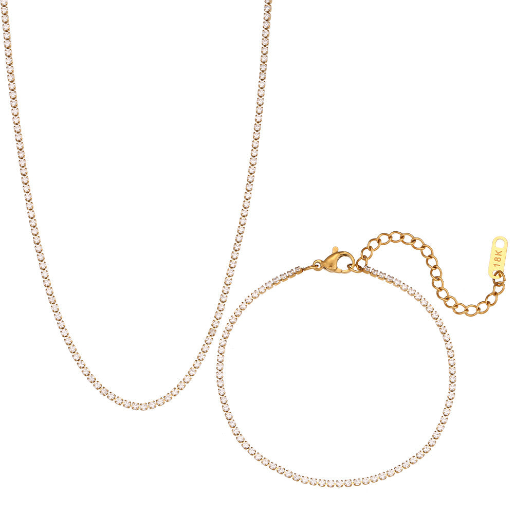 Ladies 18k Gold Silver Waterproof 2mm Zircon Chain Necklace Bracelet Jewelry Set