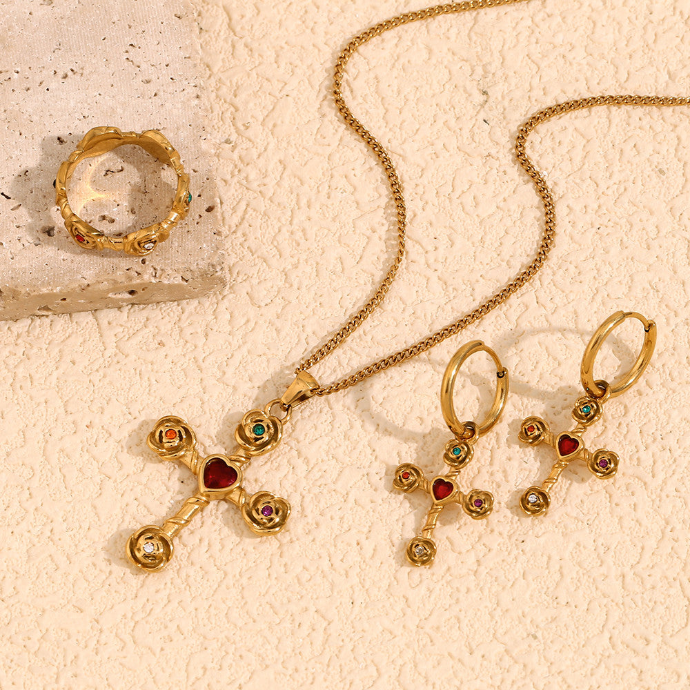 18k Gold Waterproof Stainless Steel Colorful CZ Rose Flower Cross Necklace Earring Ring Set