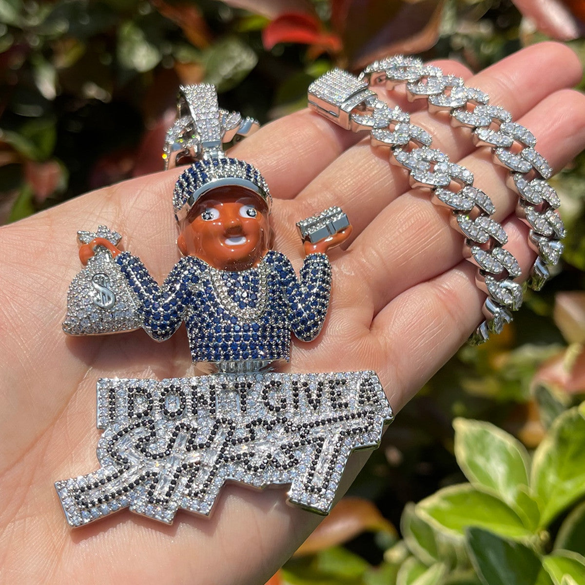 I Dont Give a Sh*t | Iced Blinged Out Money Bag Hip Hop Pendant Chain Necklace