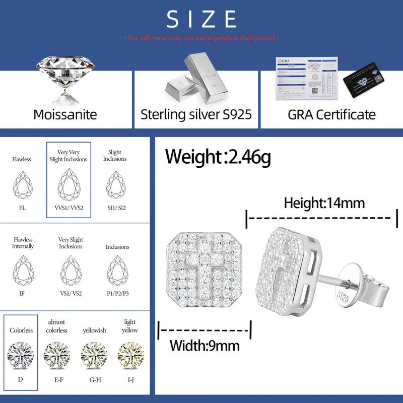 Spiritual Ice | Solid 925 Silver Square Cut Cross D Color Moissanite Stud Hip Hop Earrings