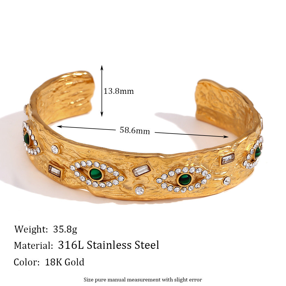 18k Gold Waterproof Malachite Eye CZ Open Bracelet Stainless Steel Ring Bracelet Jewelry Set