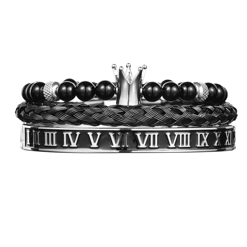 Imperial Force | Luxury Kings Crown 18k Gold Black Stainless Steel Bracelet 3 Piece Set