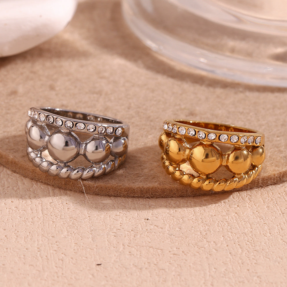 316L Stainless Steel Three Layer Round Bead Twists 18k Gold Waterproof Rings