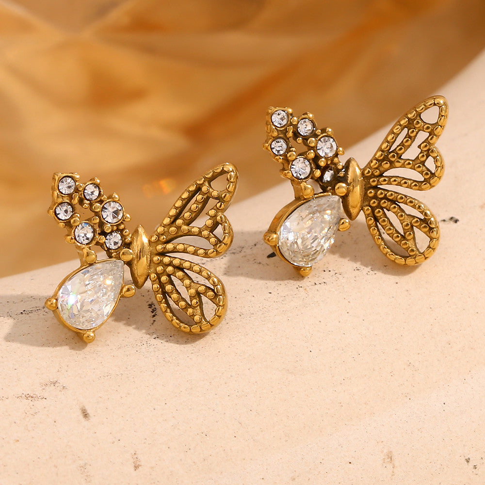 18k Gold Stainless Steel Half Set Zircon Butterfly Stud Waterproof Earrings