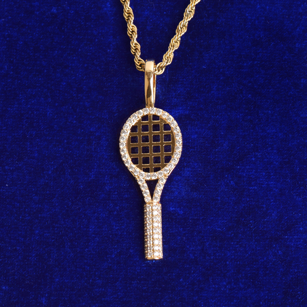 24k Gold 925 Silver Badminton Tennis Racket Hip Hop Pendant Chain Necklace