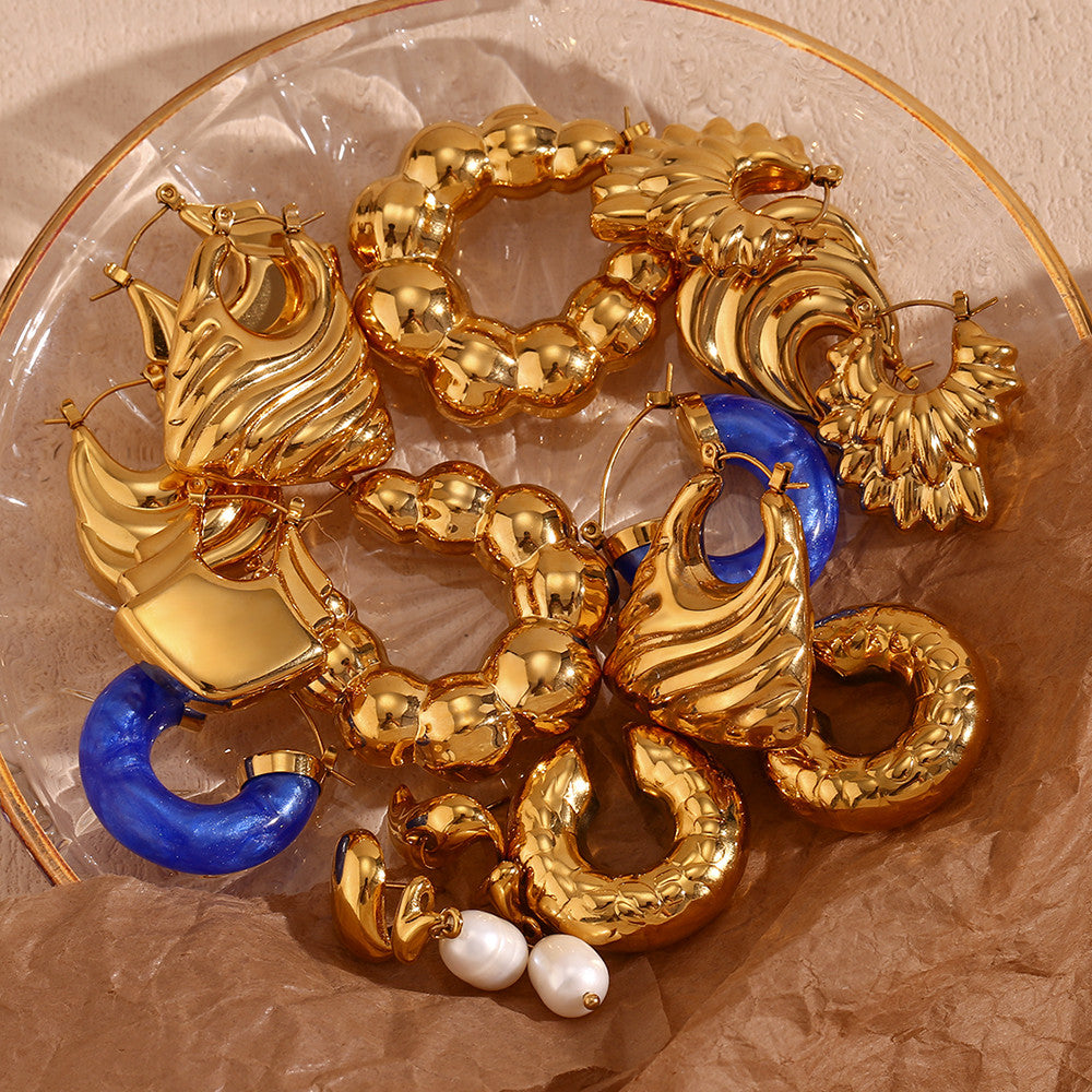 18k Gold Waterproof Irregular Snake Skin Pattern Spiral Flame Stainless Steel Earrings