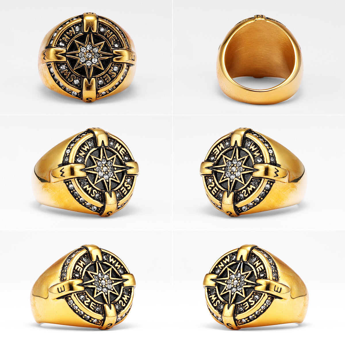 Luxury Compass | 14k Gold Over No Fade Stainless Steel CZ Men's Navigator Rings