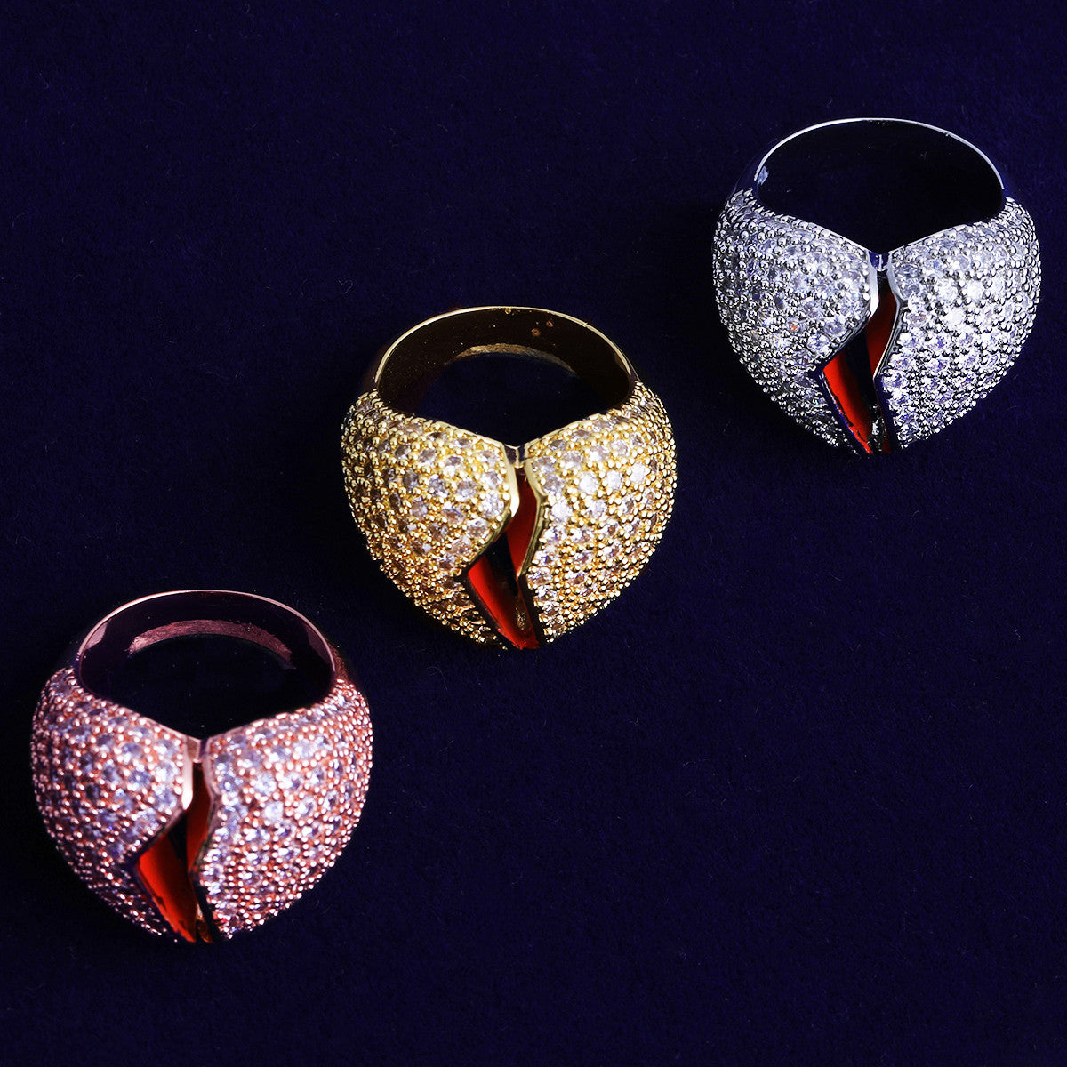 Heart Break | 24k 925 Silver Rose Gold VVS Diamond CZ Heart Broken Hip Hop Rings