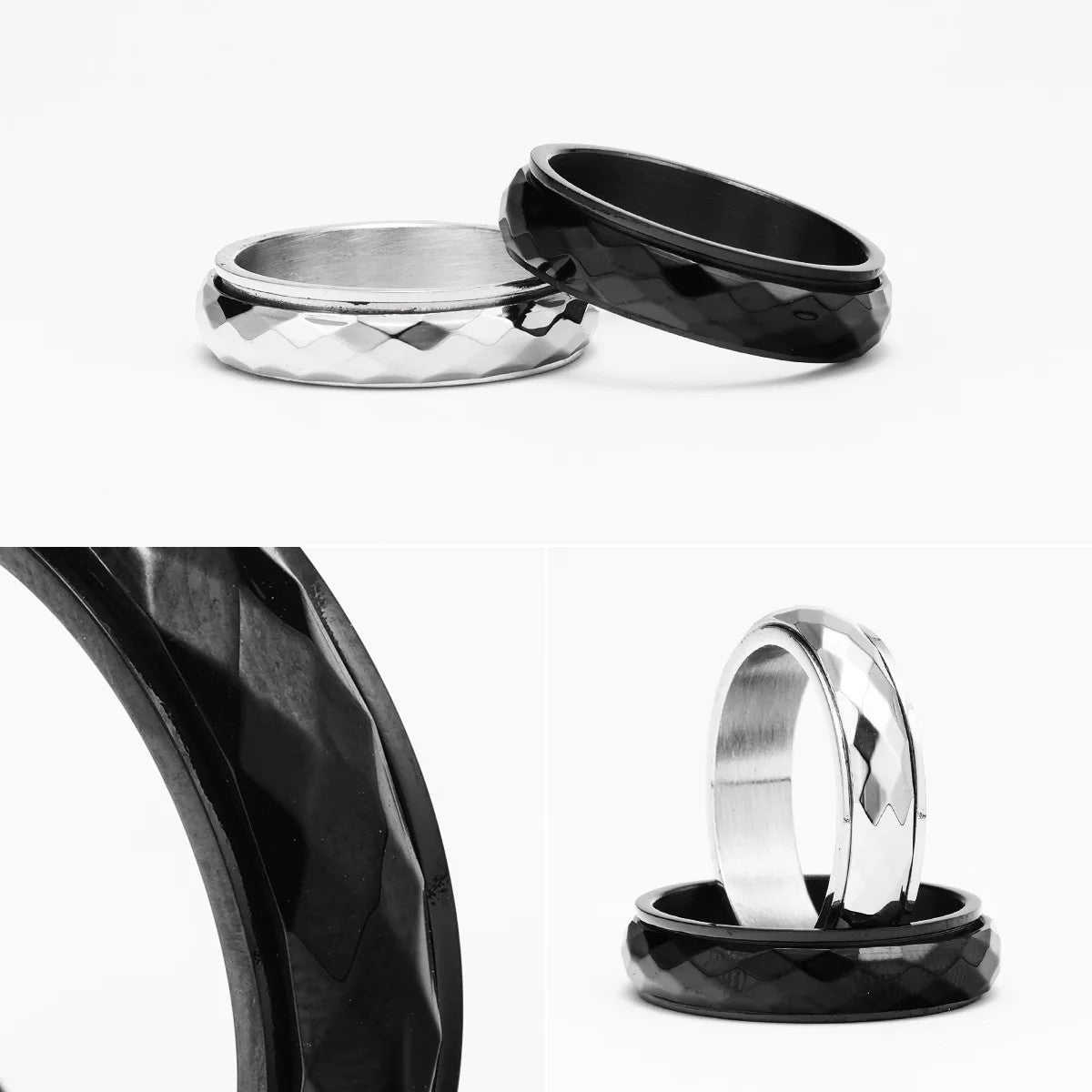 Geometric | Black Silver Solid Stainless Steel Rotating Classic Streetwear Rings
