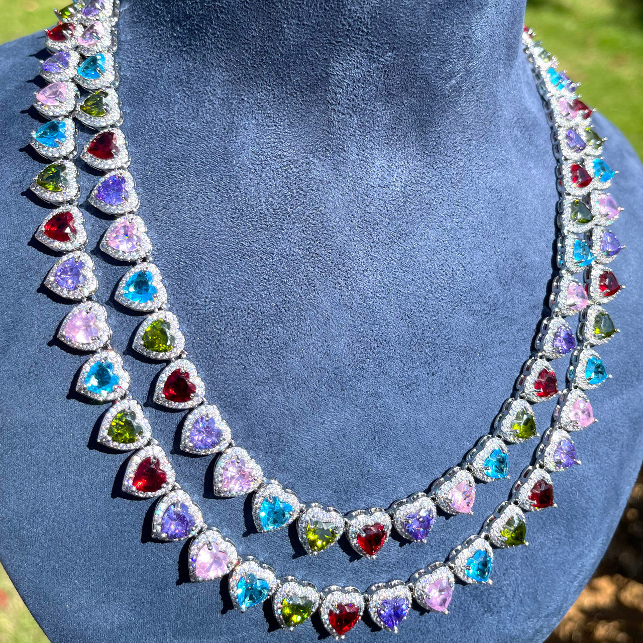 Love Burst | Heart Shape Colorful Cluster Gemstone Iced Tennis Chain Necklace