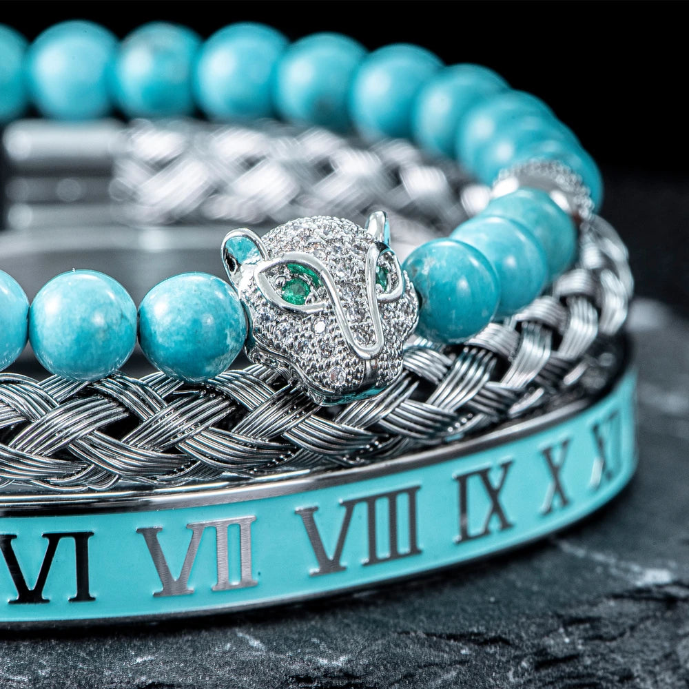 Turquoise Stone | VVS Diamond CZ Roman Numeral Leopard Head Luxury Bracelet