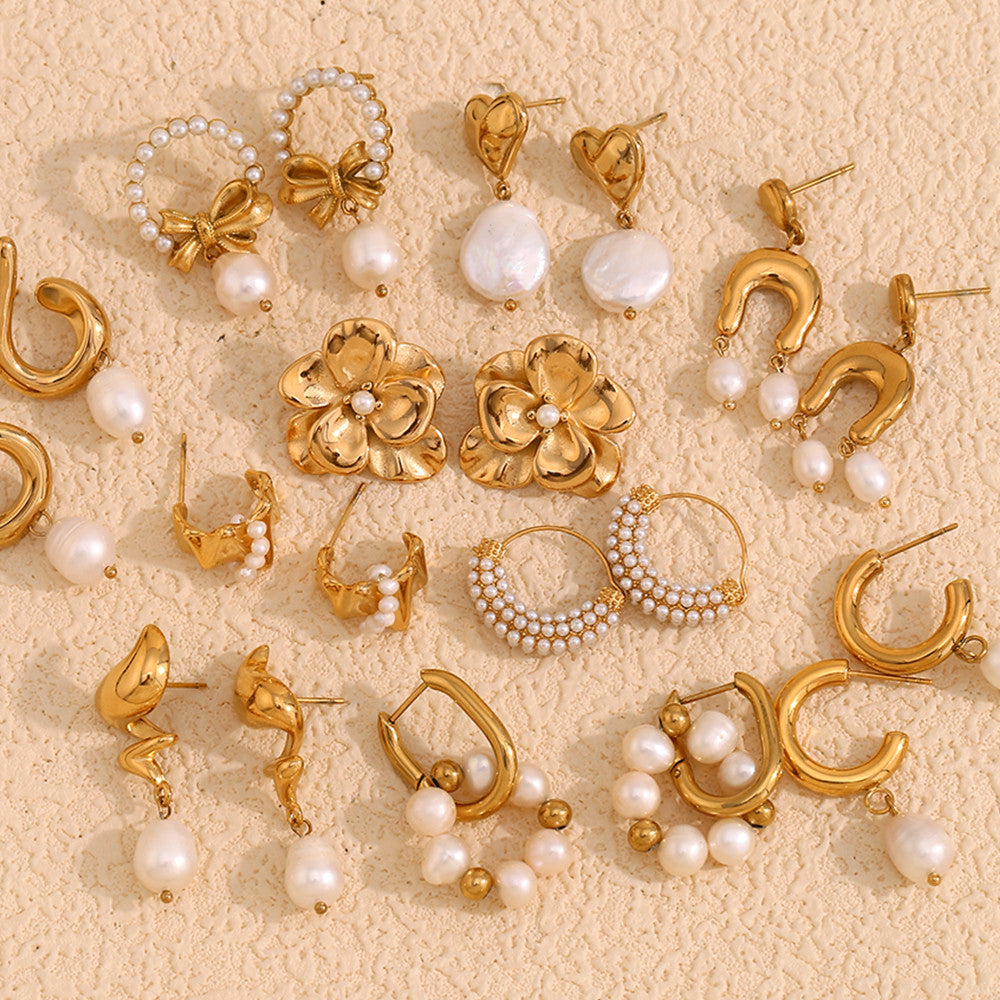Ladies 18k Gold Stainless Steel Flower Bowknot U-shaped Imitation Pearl Series Earrings