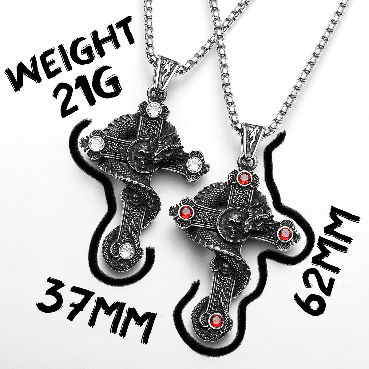 Skull Serpent Cross | 316L Shadow Skull No Fade Stainless Steel Gemstone Cross Pendant