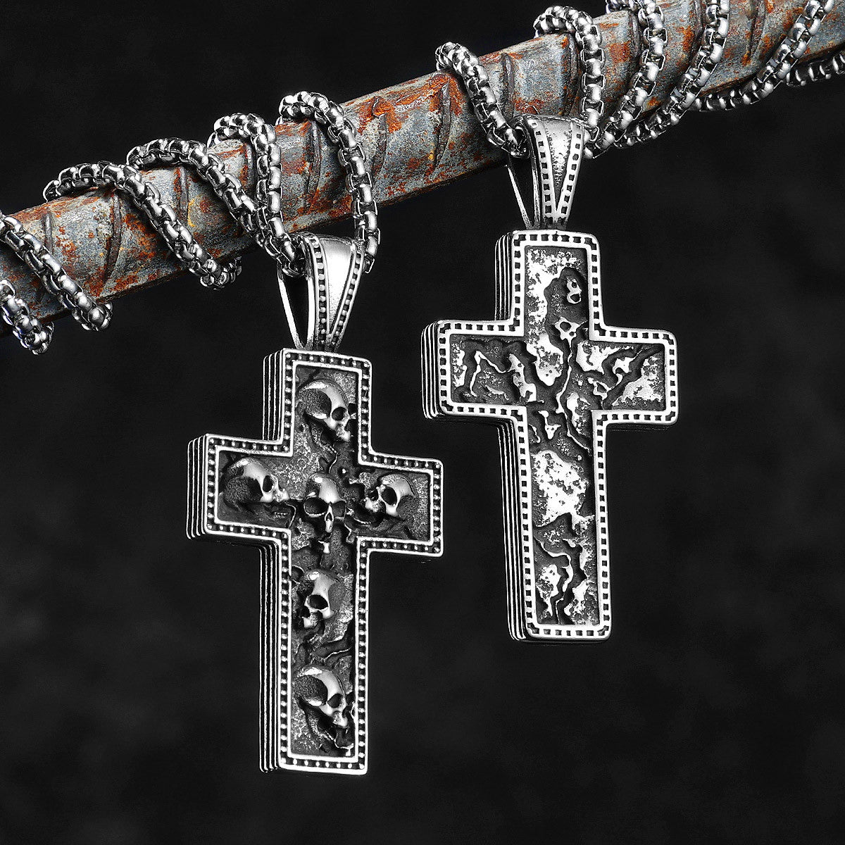 Skull Textured Cross | 316L No Fade Stainless Steel Embedded Skulls Hip Hop Pendant