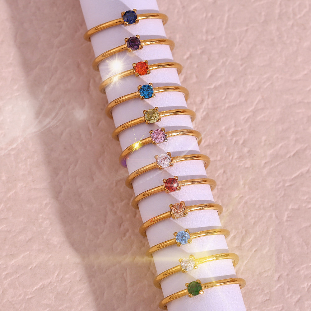 Ladies 18k Gold Stainless Steel Waterproof 12 Months Constellation CZ Birthstone Rings