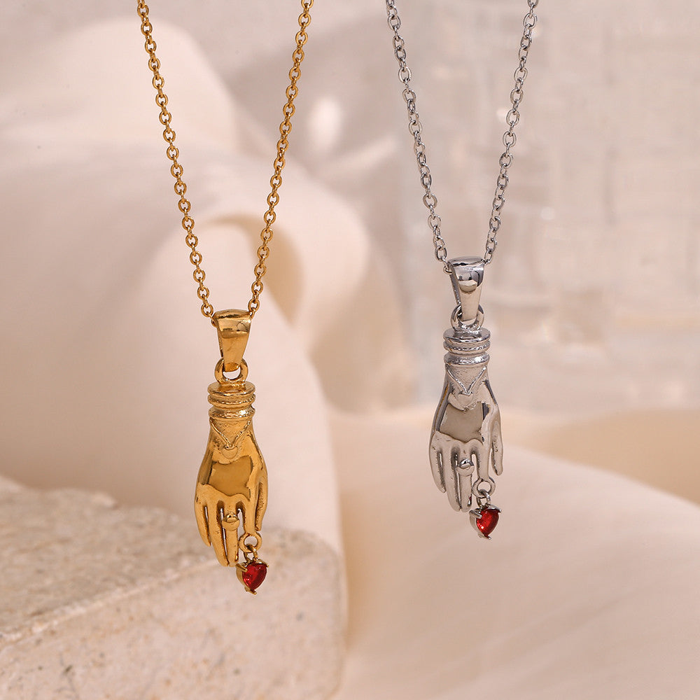 Ladies 18k Gold Stainless Steel Hand Red CZ Stone Heart Waterproof Tarnish Free Pendant Necklace