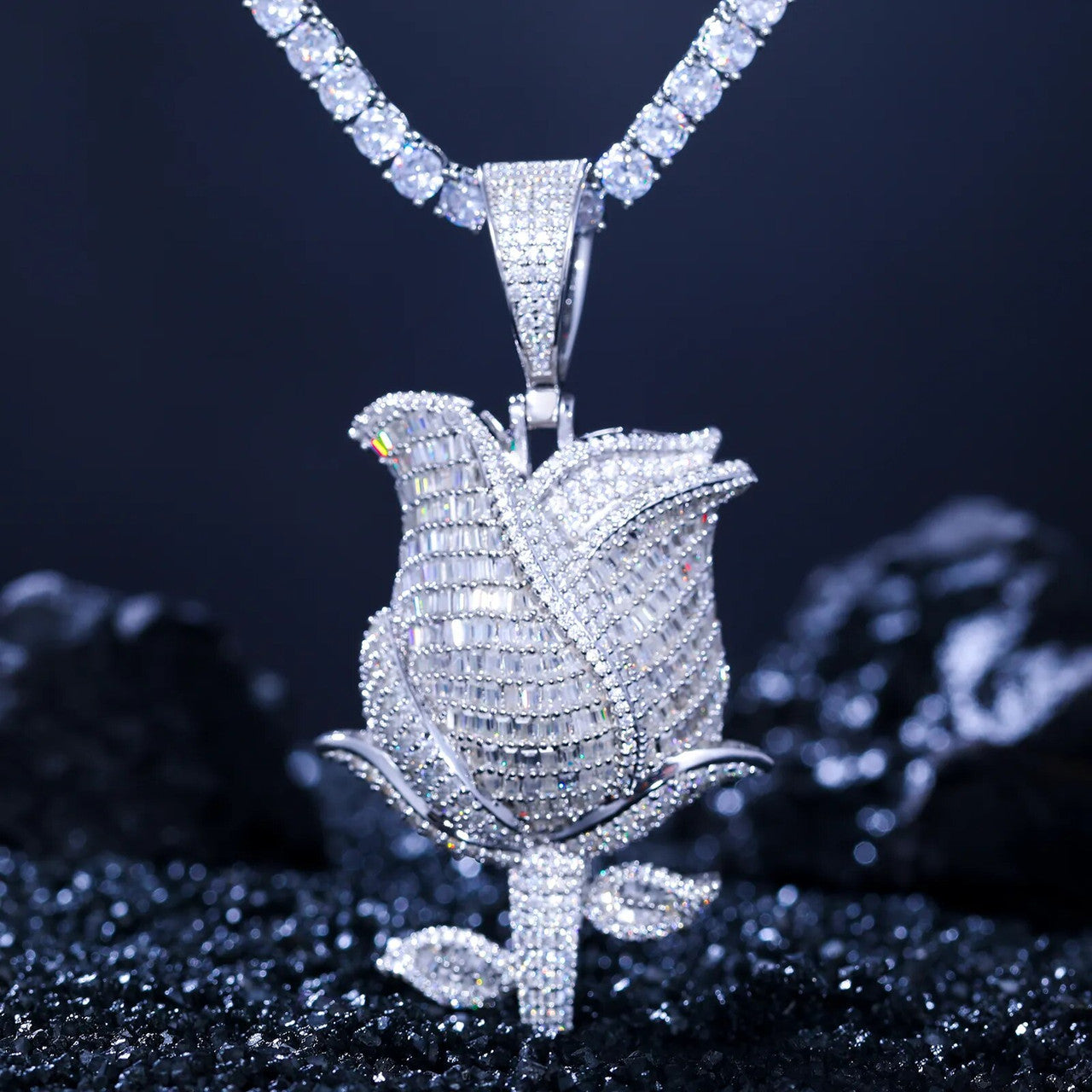 Iced Blossom | Moissanite Diamond Solid Sterling Silver Baguette & Round Stone Rose Pendant