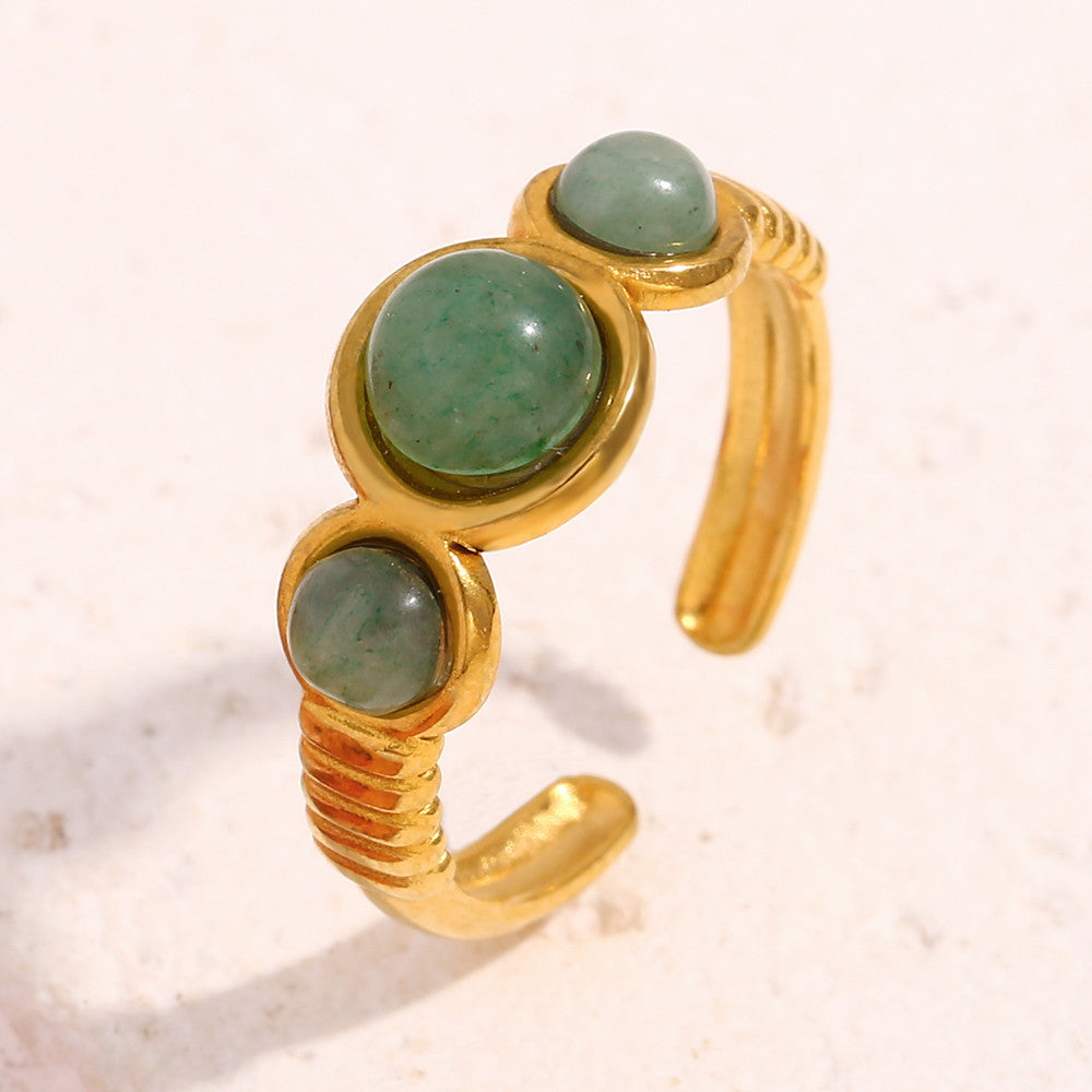 18k Gold Round Natural Green Aventurine Stone Cuff Ring Stainless Steel Waterproof Rings