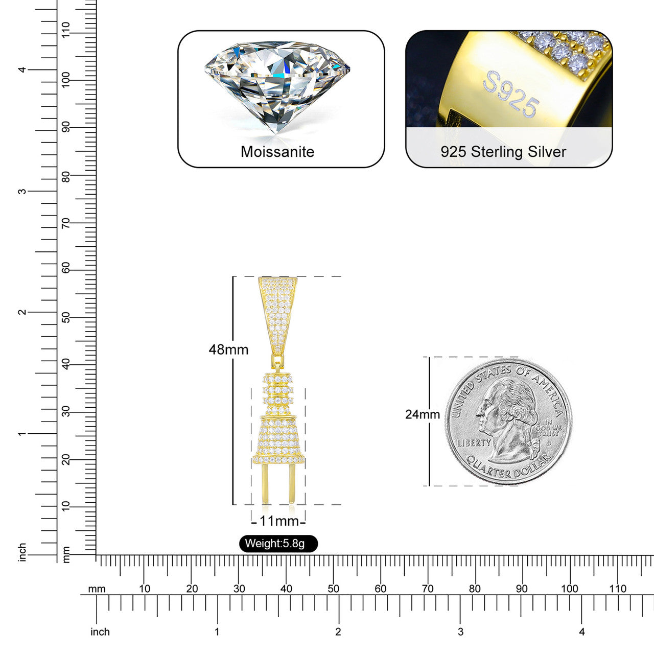 Mens Sterling Silver VVS Diamond Power Plug Hip Hop Pendant Chain Necklace