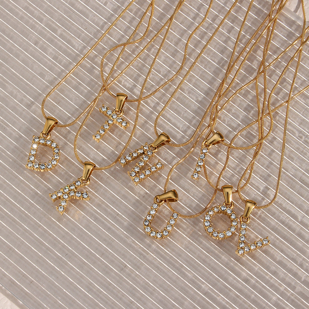 18k Gold Stainless Steel Thin Snake Chain 3A Zircon Stone Paved Initial Necklace