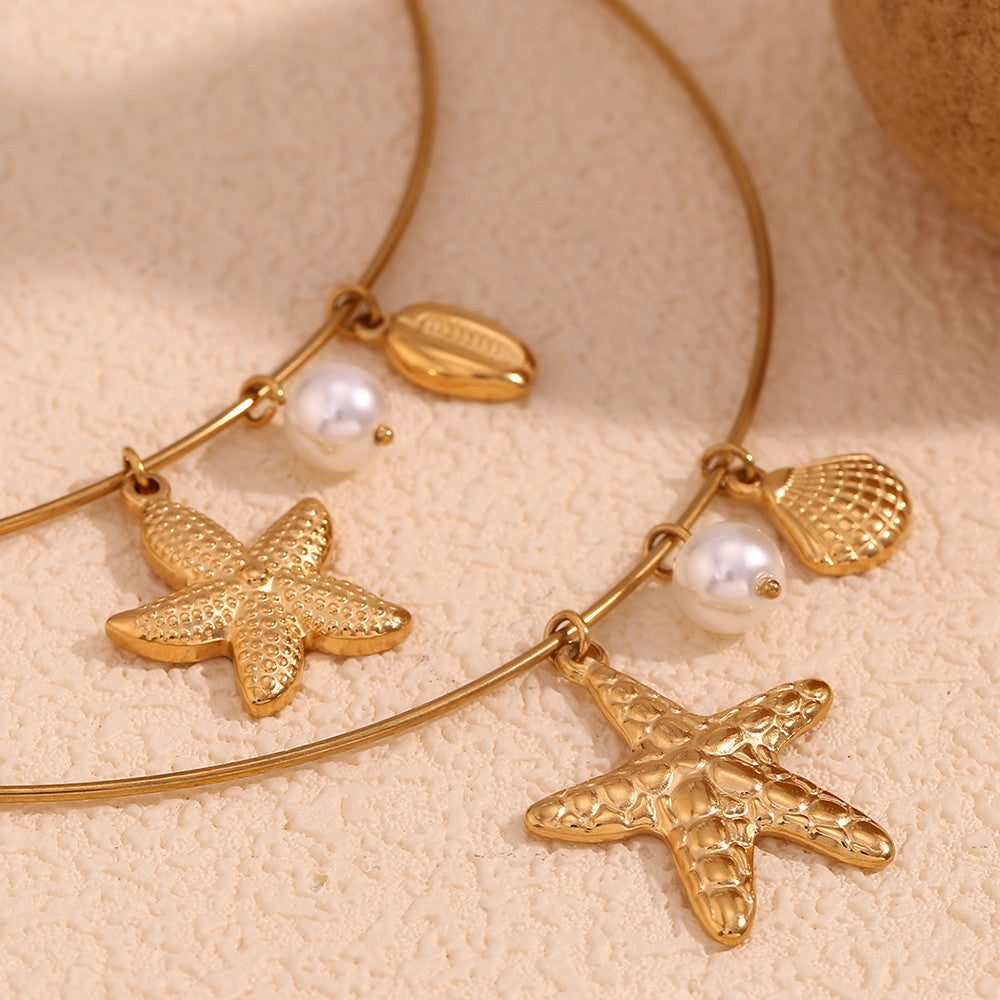 Solid Stainless Steel Starfish Scallop Pearl Waterproof 18k Gold Pendant Chain Necklace