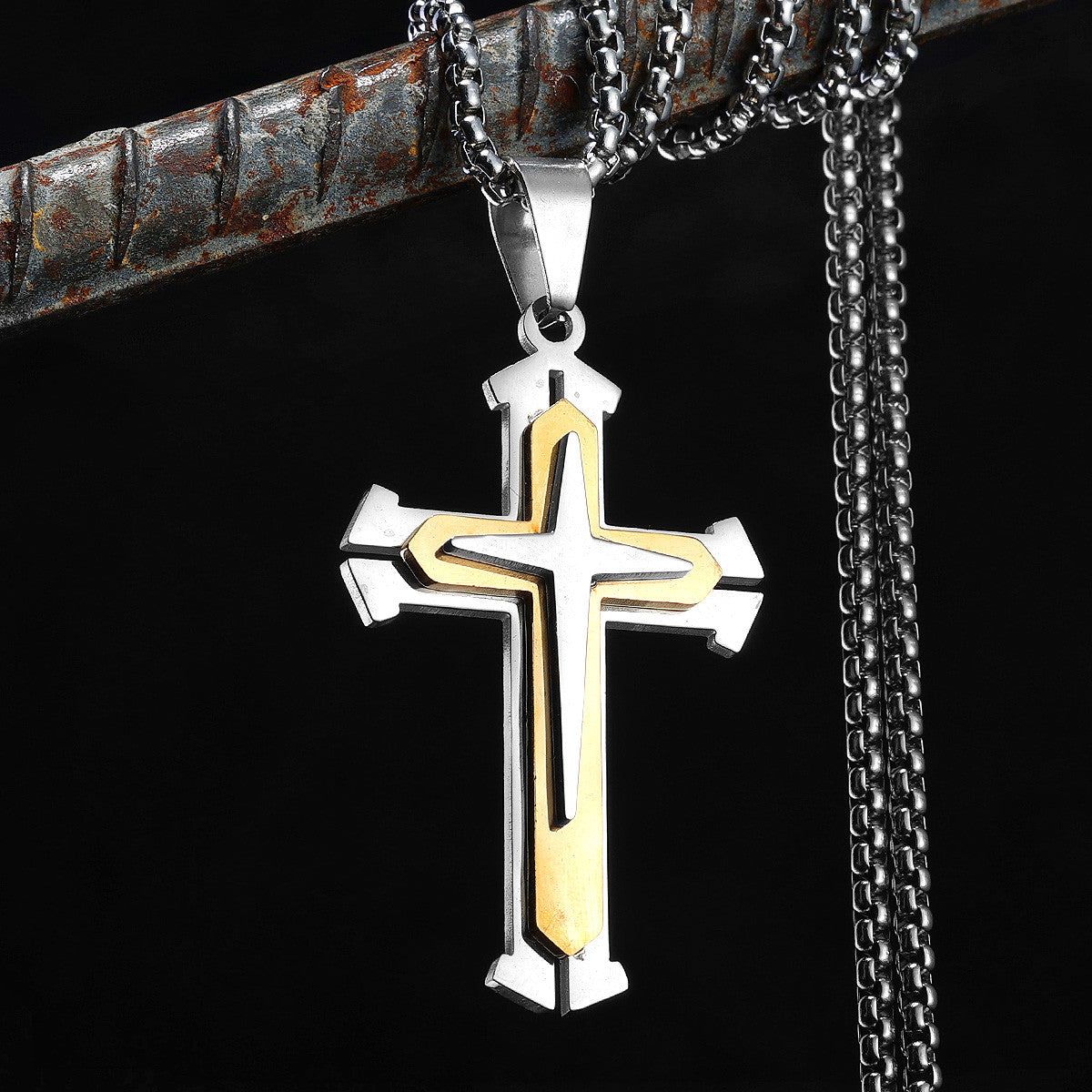 Trinity Cross | 14k Gold Over Solid Stainless Steel Tree Layer Cross Pendant Chain