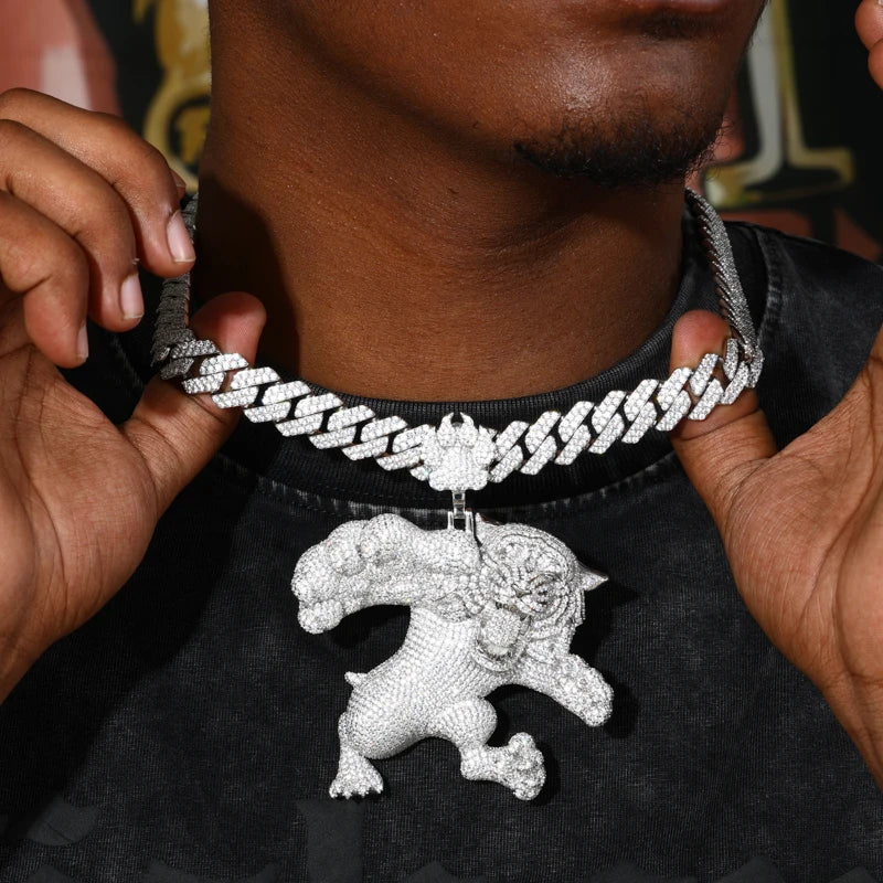 Fighting Tigers | VVS Moissanite Diamond Iced Blinged Out Solid Silver Tiger Pendant
