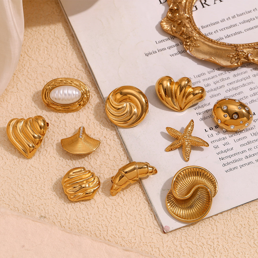 18k Gold Moon Starfish Imitation Pearl Heart Shell Stainless Steel Brooches