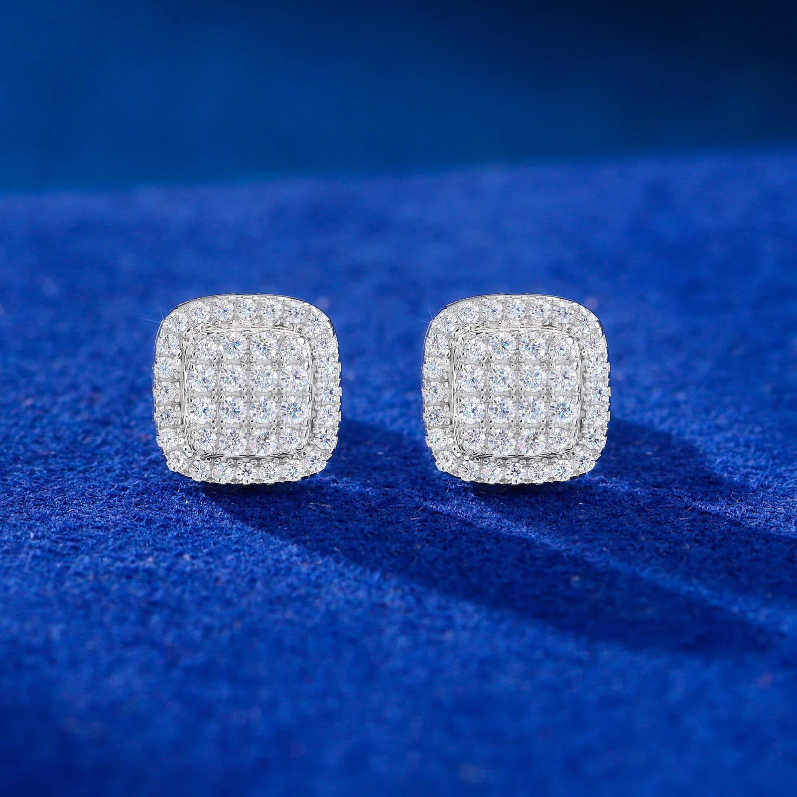 Sparkling Clusters | Iced Blinged Out Moissanite Diamond Square Cluster Stud Earrings