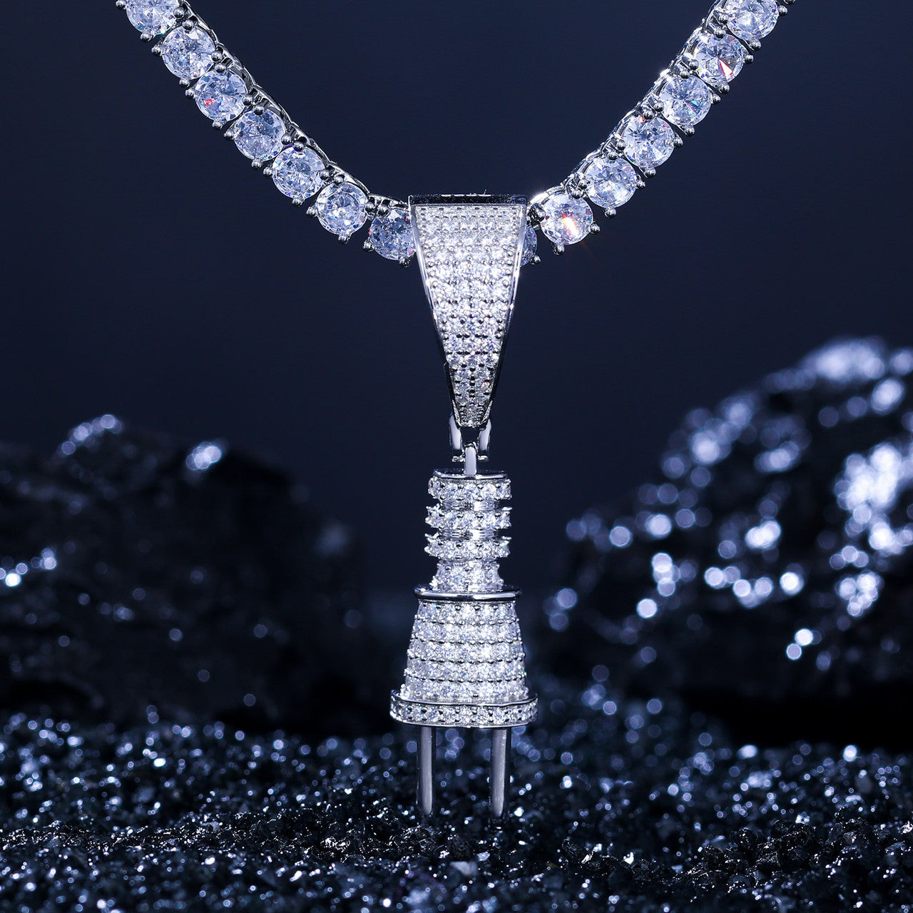 Mens Sterling Silver VVS Diamond Power Plug Hip Hop Pendant Chain