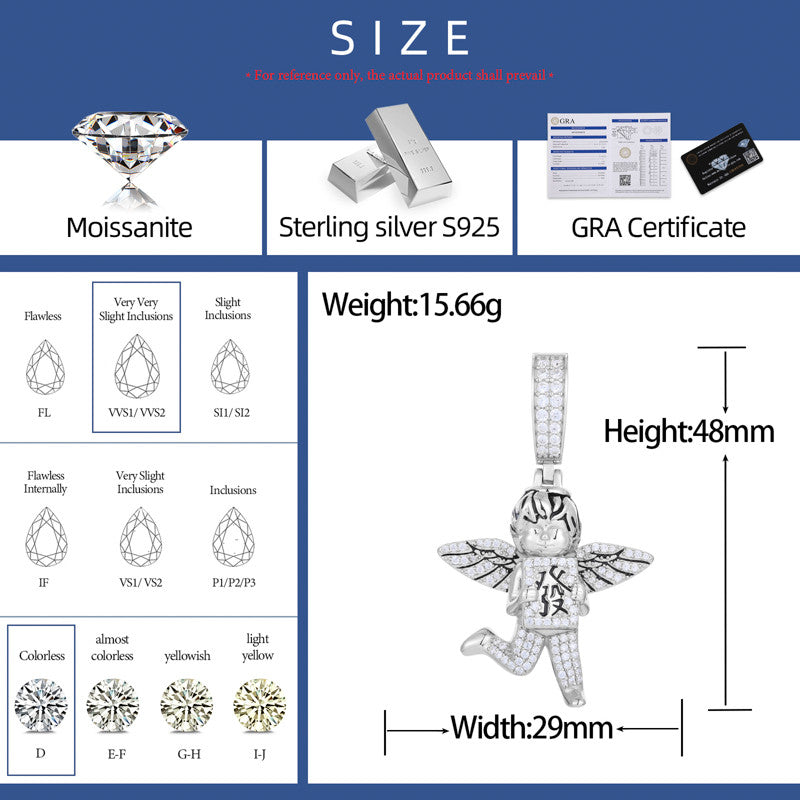 Money Angel | Moissanite Diamond 925 Solid Sterling Silver Hip Hop Good Luck Angel Pendant