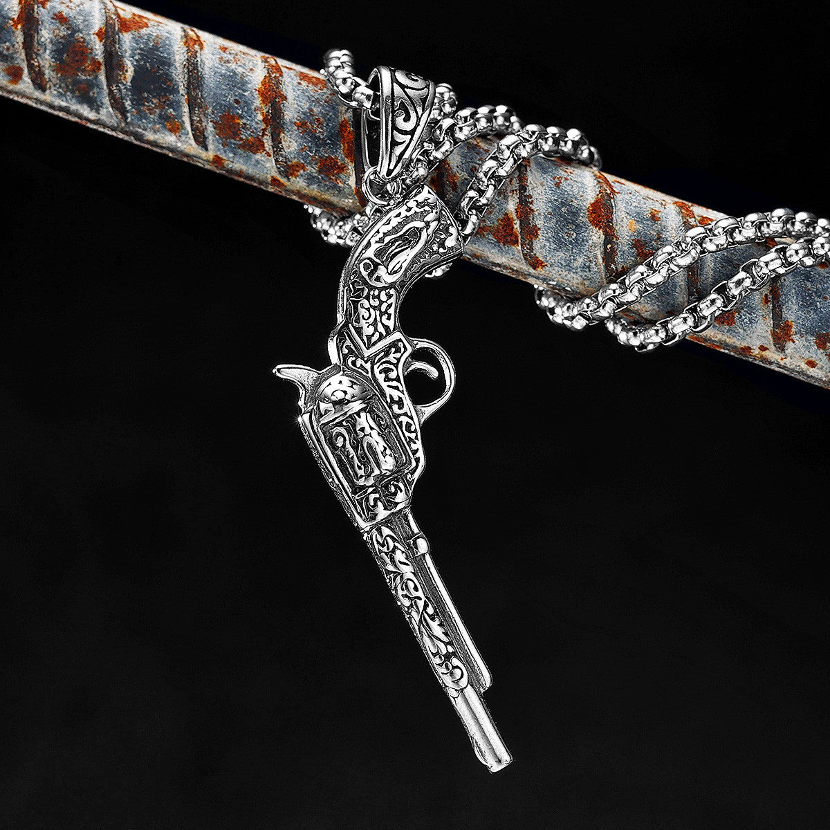 The Revolver | Vintage Engraved 316L No Fade Stainless Steel Revolver Hip Hop Pendant